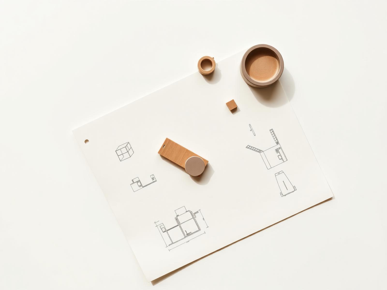 Industrial design sketches and prototypes on paper